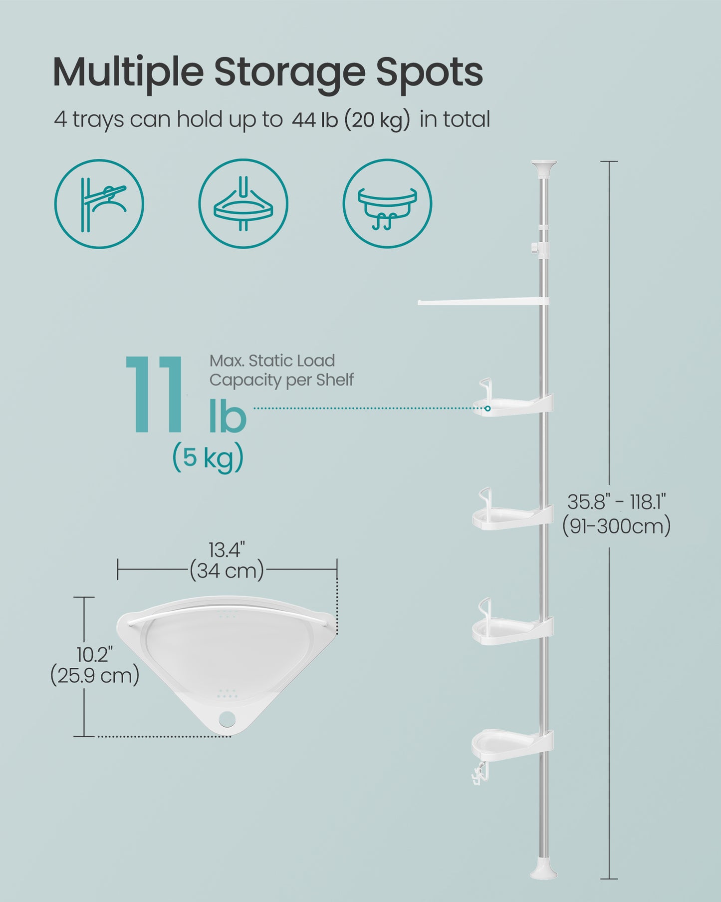 Corner Shower Caddy Tension Pole, 35.8 to 118.1 Inches