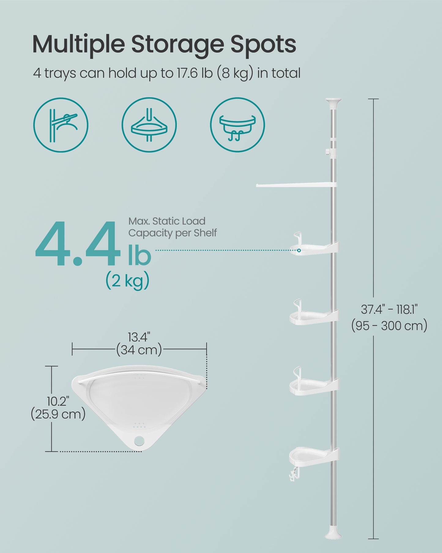 Corner Shower Caddy Tension Pole, 35.8 to 118.1 Inches