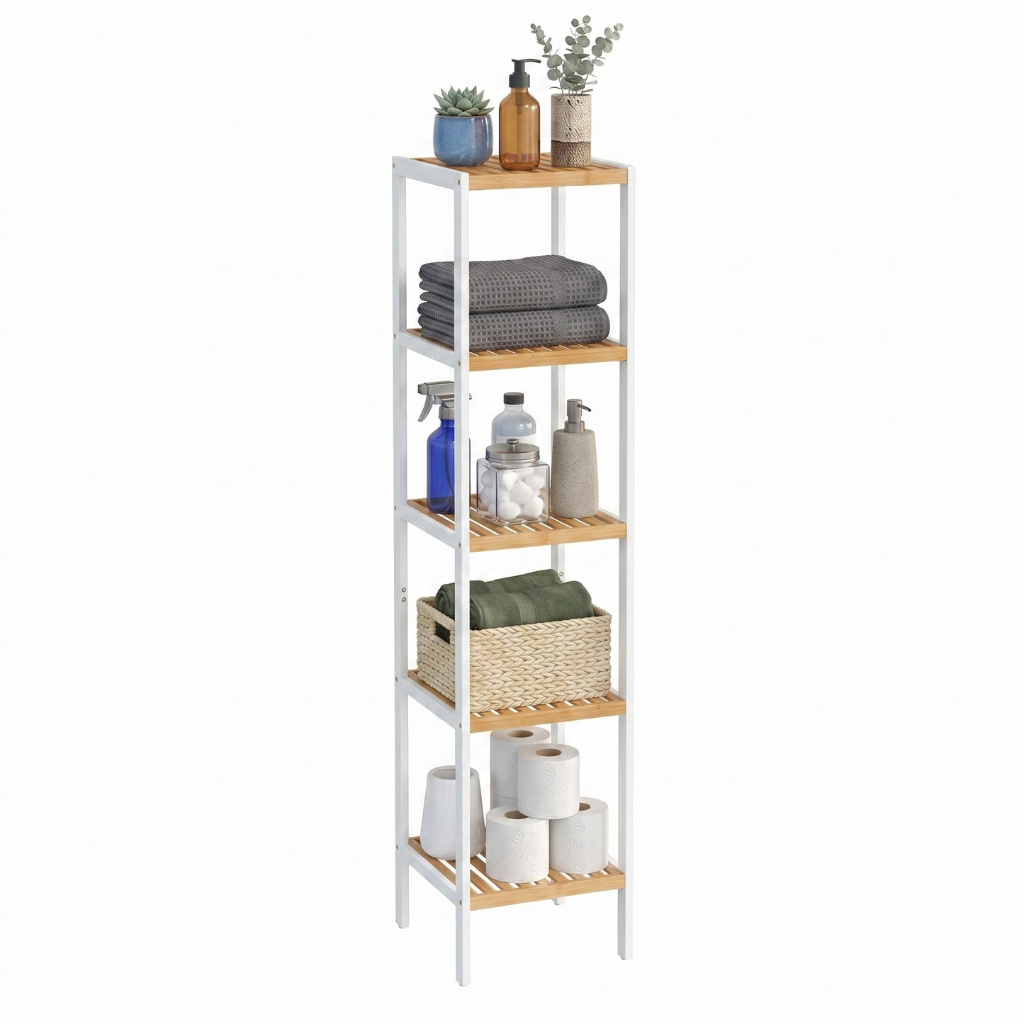 Bamboo Bathroom Shelf, 5-Tier Freestanding Narrow Shelf Unit, Multifunctional Storage Shelf - image 2