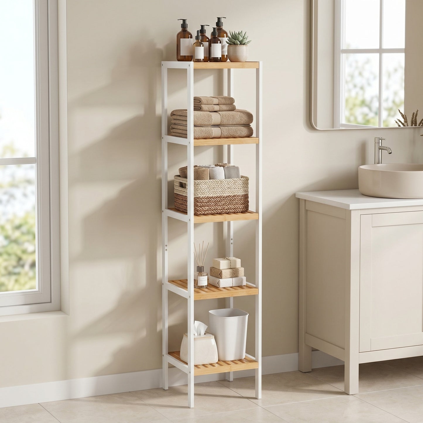 Bamboo Bathroom Shelf, 5-Tier Freestanding Narrow Shelf Unit, Multifunctional Storage Shelf - image 4