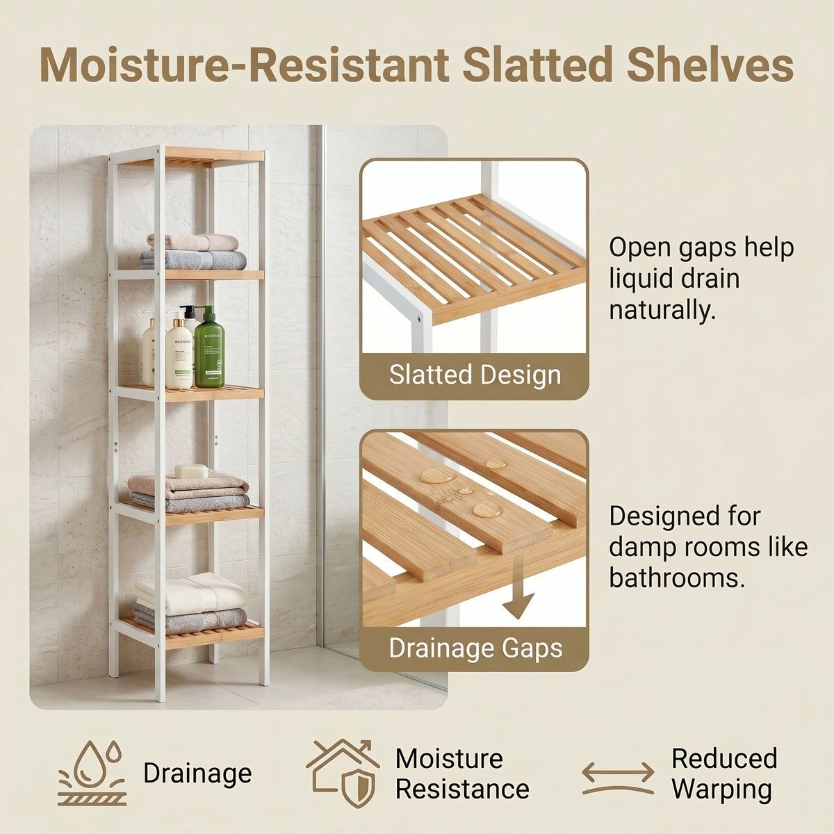 Bamboo Bathroom Shelf, 5-Tier Freestanding Narrow Shelf Unit, Multifunctional Storage Shelf - image 6