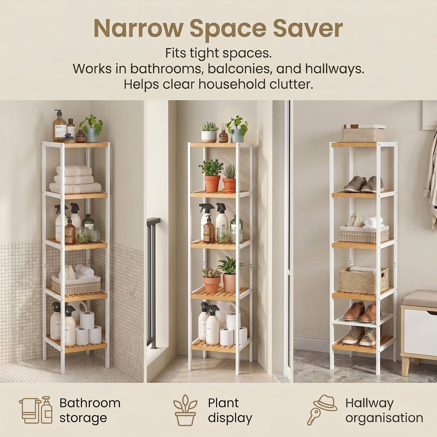 Bamboo Bathroom Shelf, 5-Tier Freestanding Narrow Shelf Unit, Multifunctional Storage Shelf - image 7