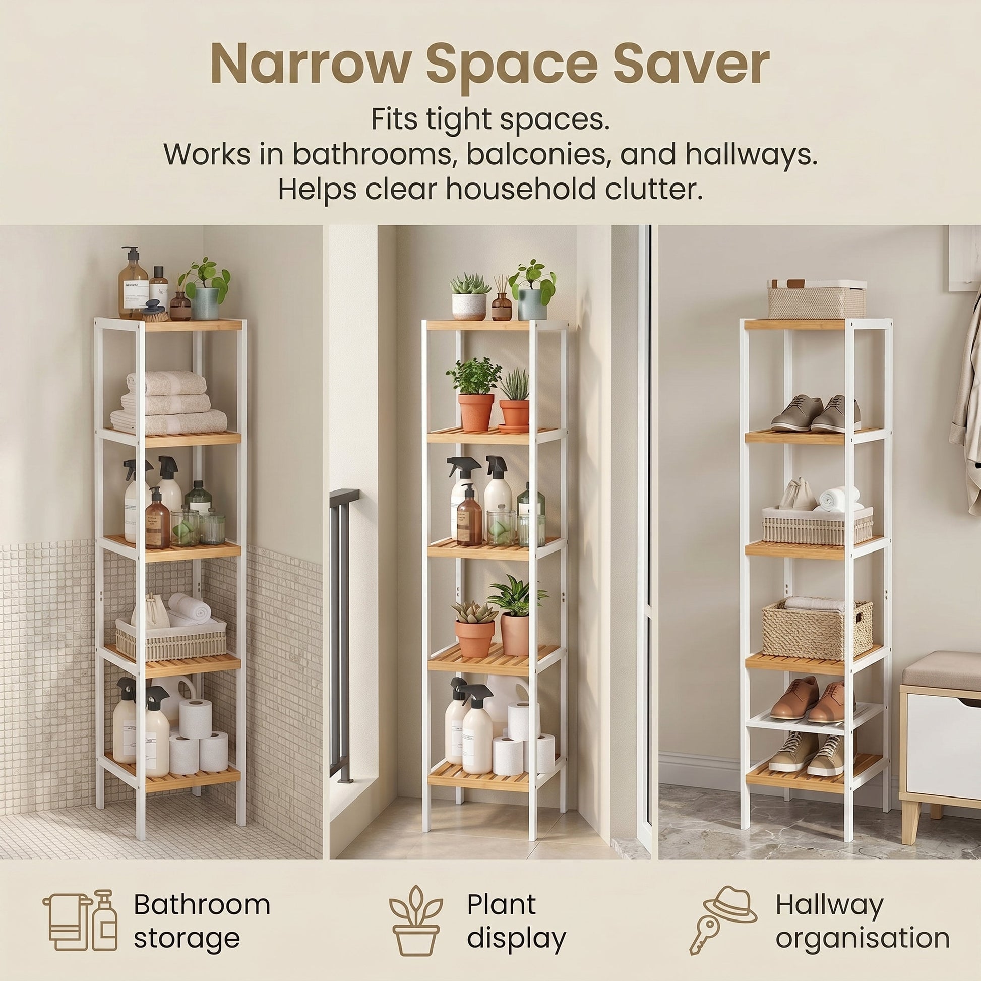 Bamboo Bathroom Shelf, 5-Tier Freestanding Narrow Shelf Unit, Multifunctional Storage Shelf - image 7
