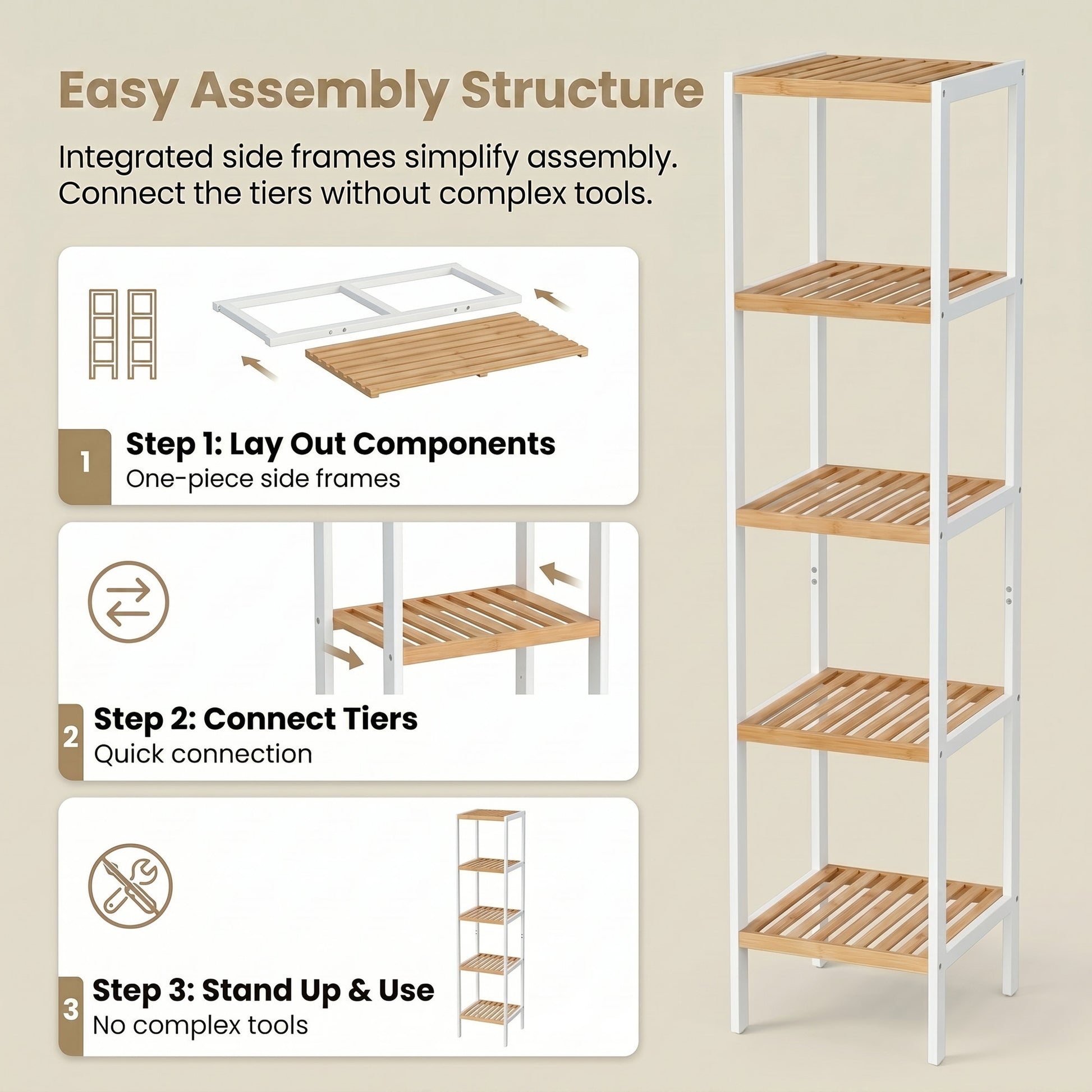 Bamboo Bathroom Shelf, 5-Tier Freestanding Narrow Shelf Unit, Multifunctional Storage Shelf - image 8