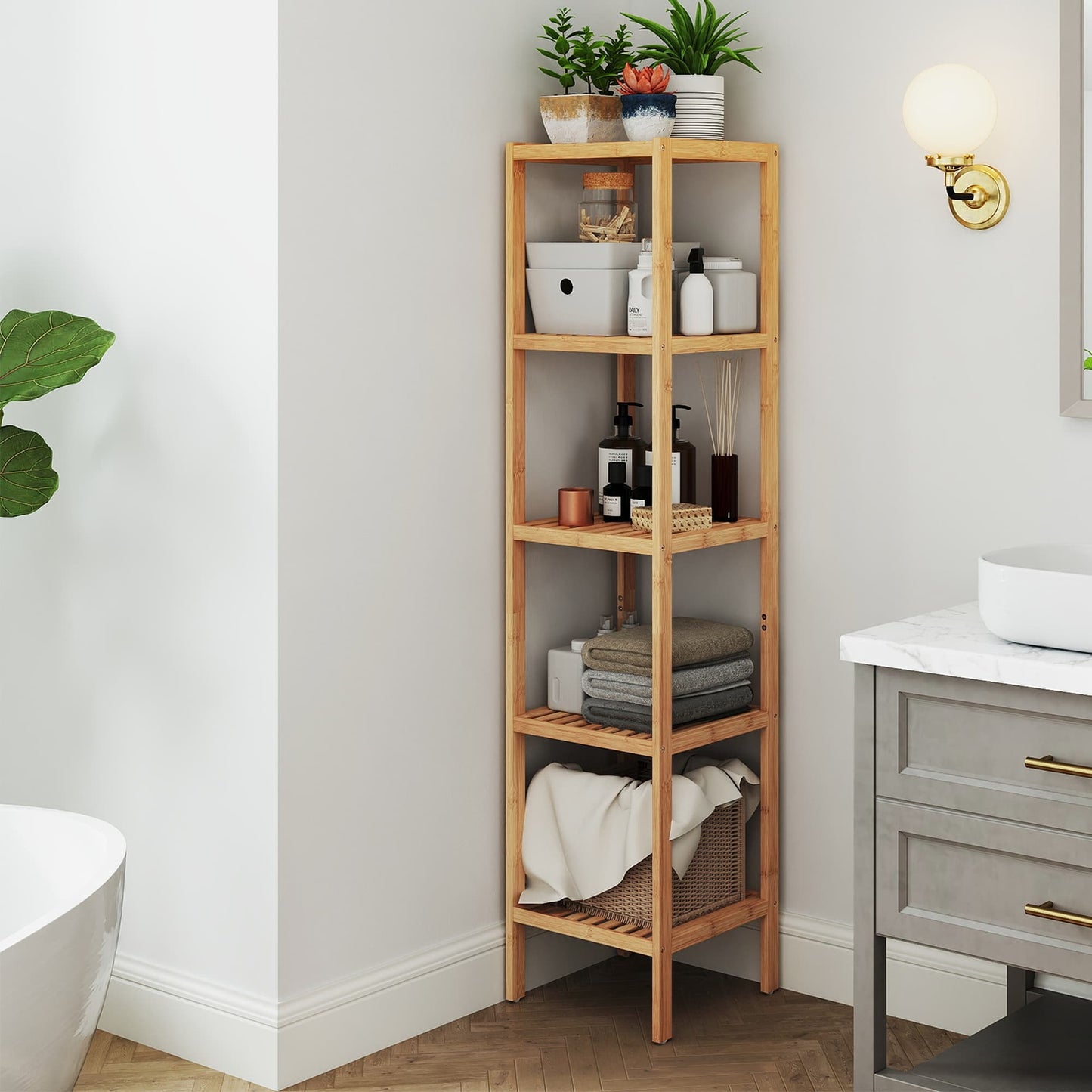 Bamboo bathroom shelf for narrow multifunctional home storage - image 1