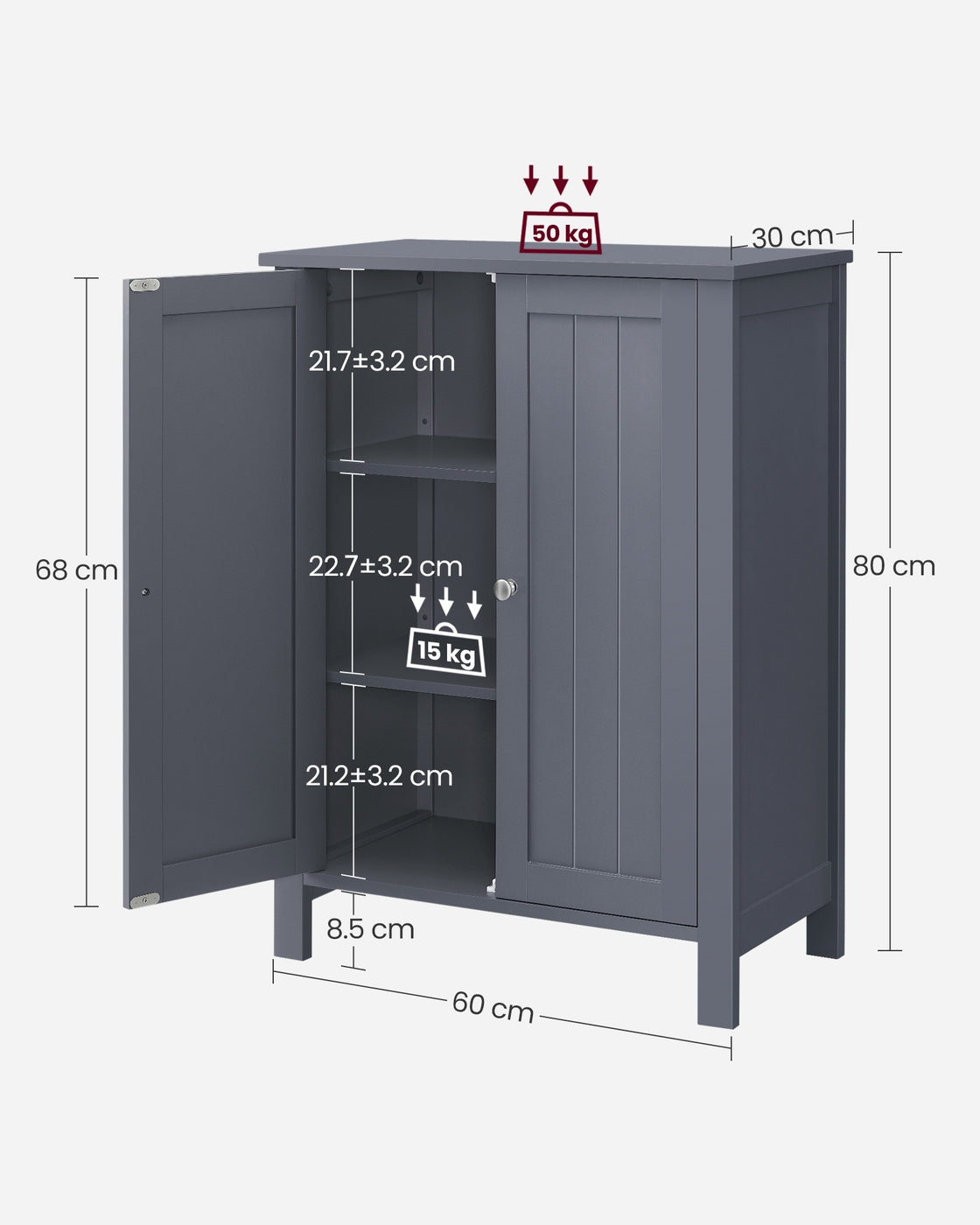 Bathroom Furniture Storage Cabine 2 Adjustable Shelves 30 x 60 x 80 cm Grey - image 6