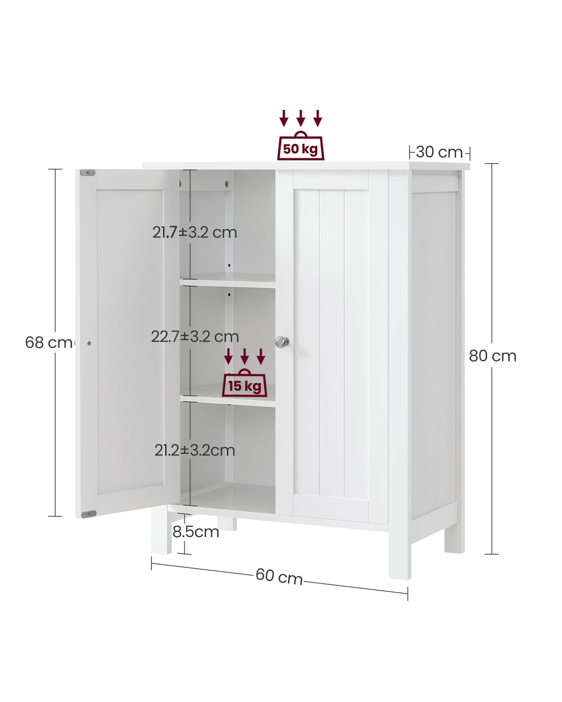 Bathroom Floor Storage Cabinet with Double Door Adjustable Shelf, 24”L x 12”W x 31.5”H White