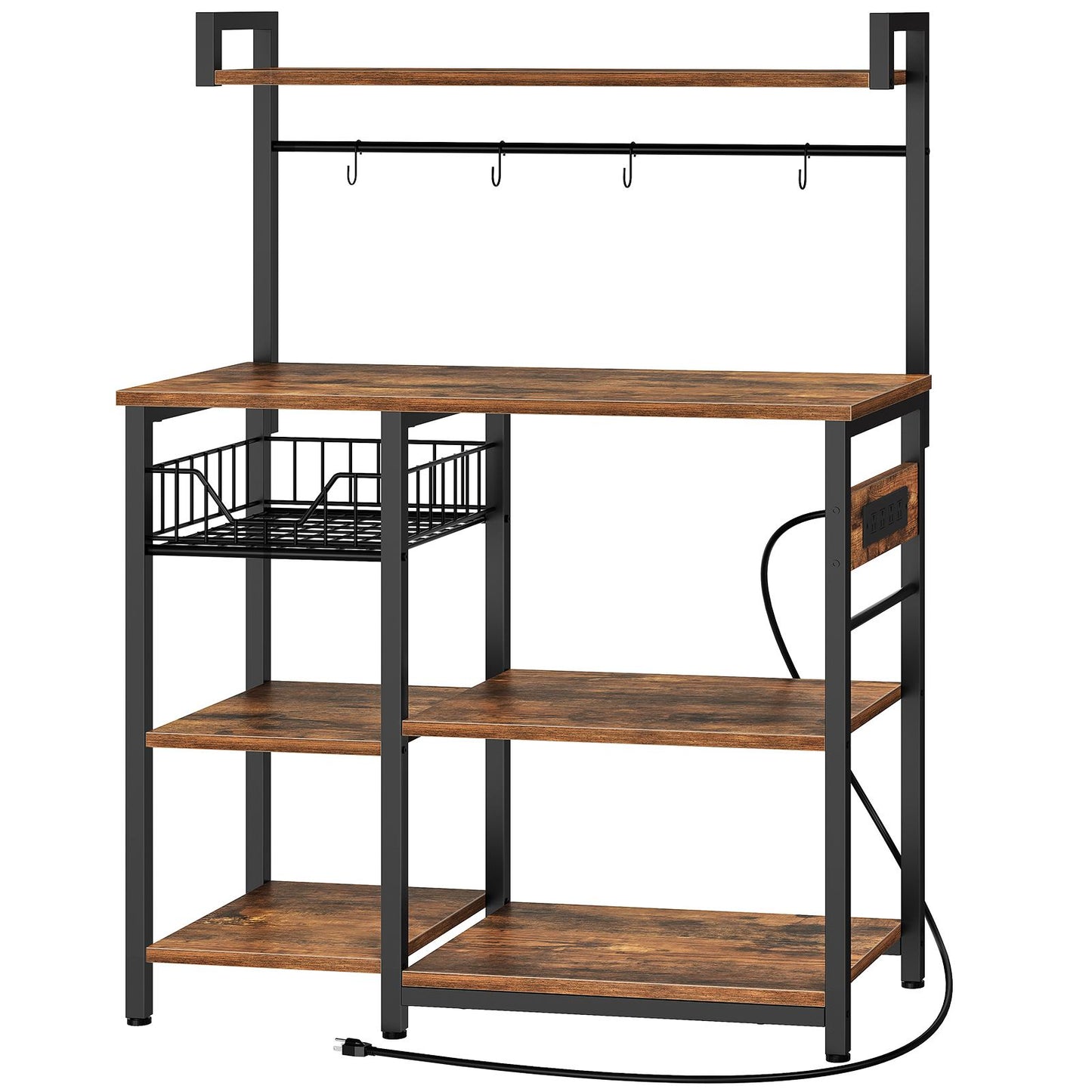 Kitchen Bakers Rack with Power Outlet Coffee Bar - Rustic Brown