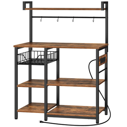 Kitchen Bakers Rack with Power Outlet Coffee Bar - Rustic Brown