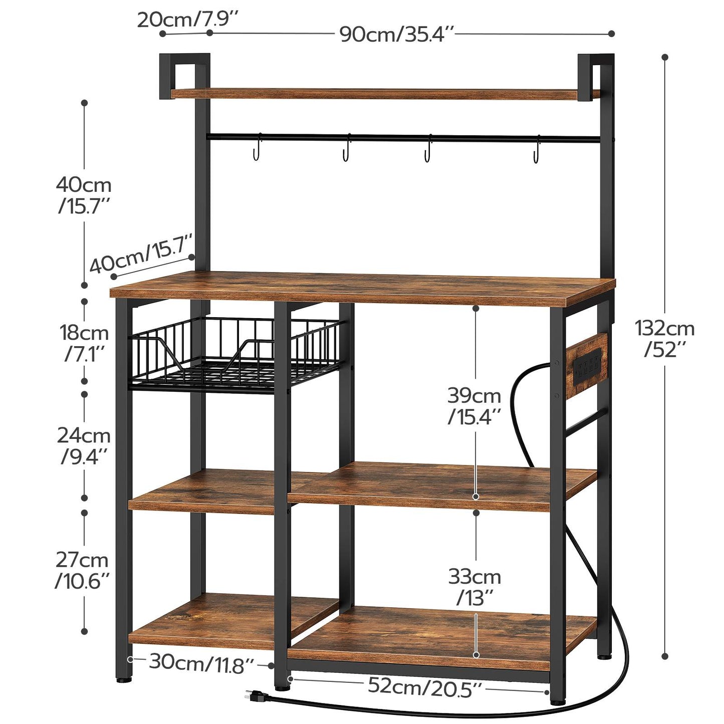 Kitchen Bakers Rack with Power Outlet Coffee Bar - Rustic Brown