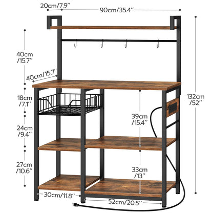 Kitchen Bakers Rack with Power Outlet Coffee Bar - Rustic Brown