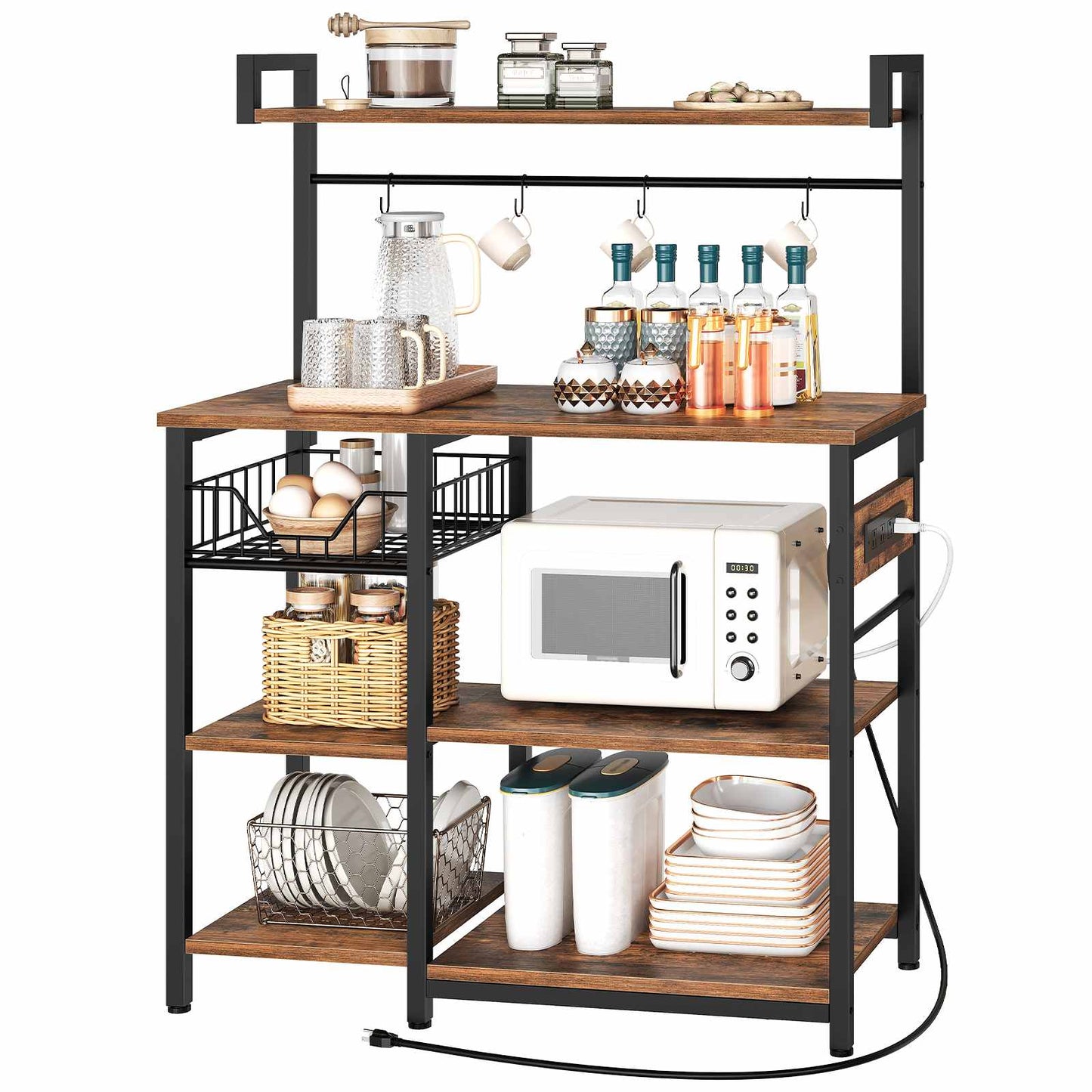 Kitchen Bakers Rack with Power Outlet Coffee Bar - Rustic Brown