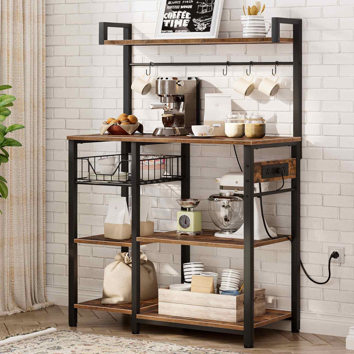 Kitchen Bakers Rack with Power Outlet Coffee Bar - Rustic Brown