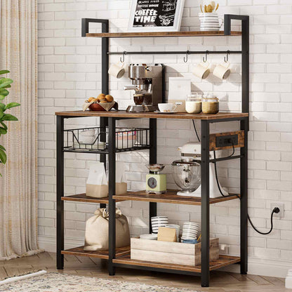 Kitchen Bakers Rack with Power Outlet Coffee Bar - Rustic Brown