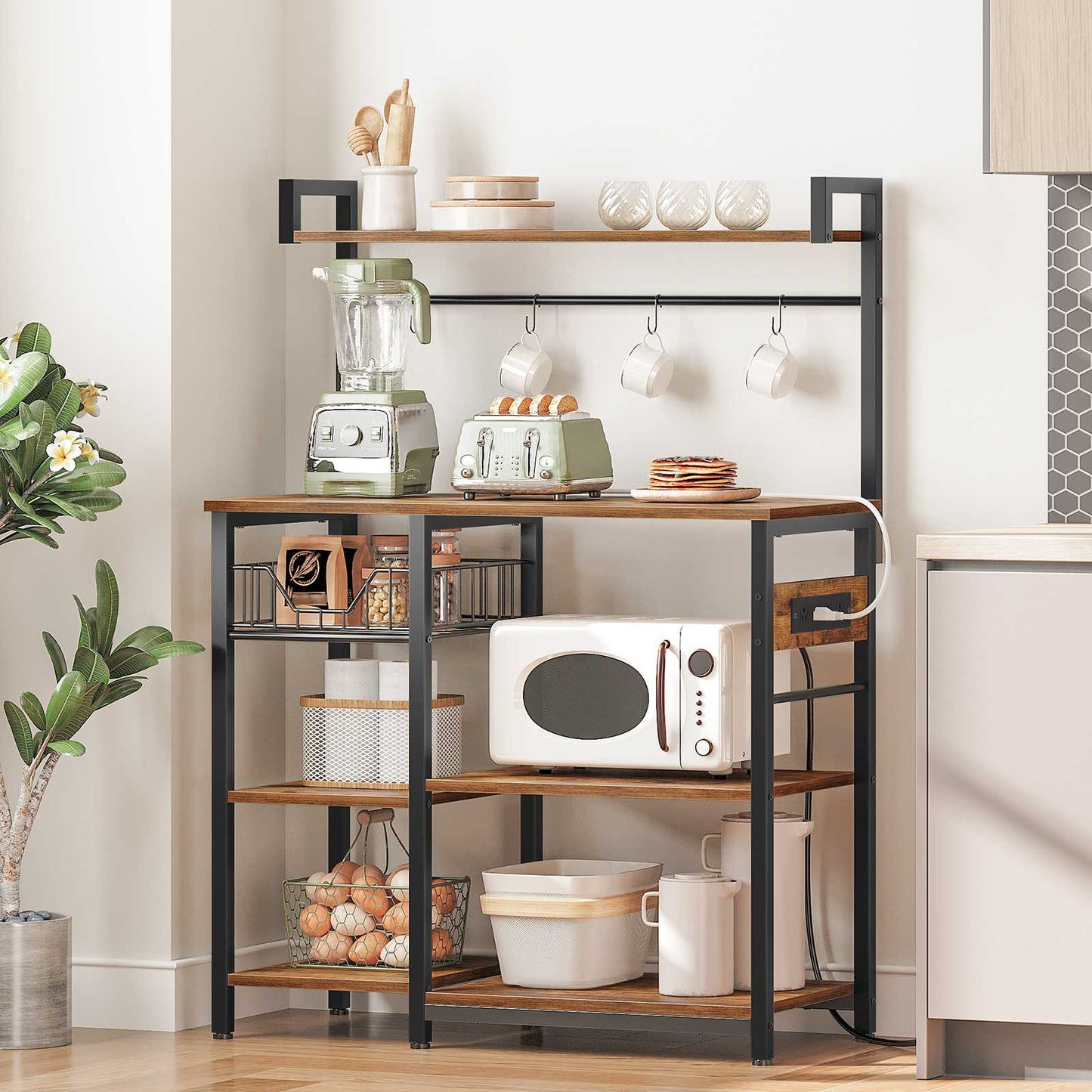 Kitchen Bakers Rack with Power Outlet Coffee Bar - Rustic Brown