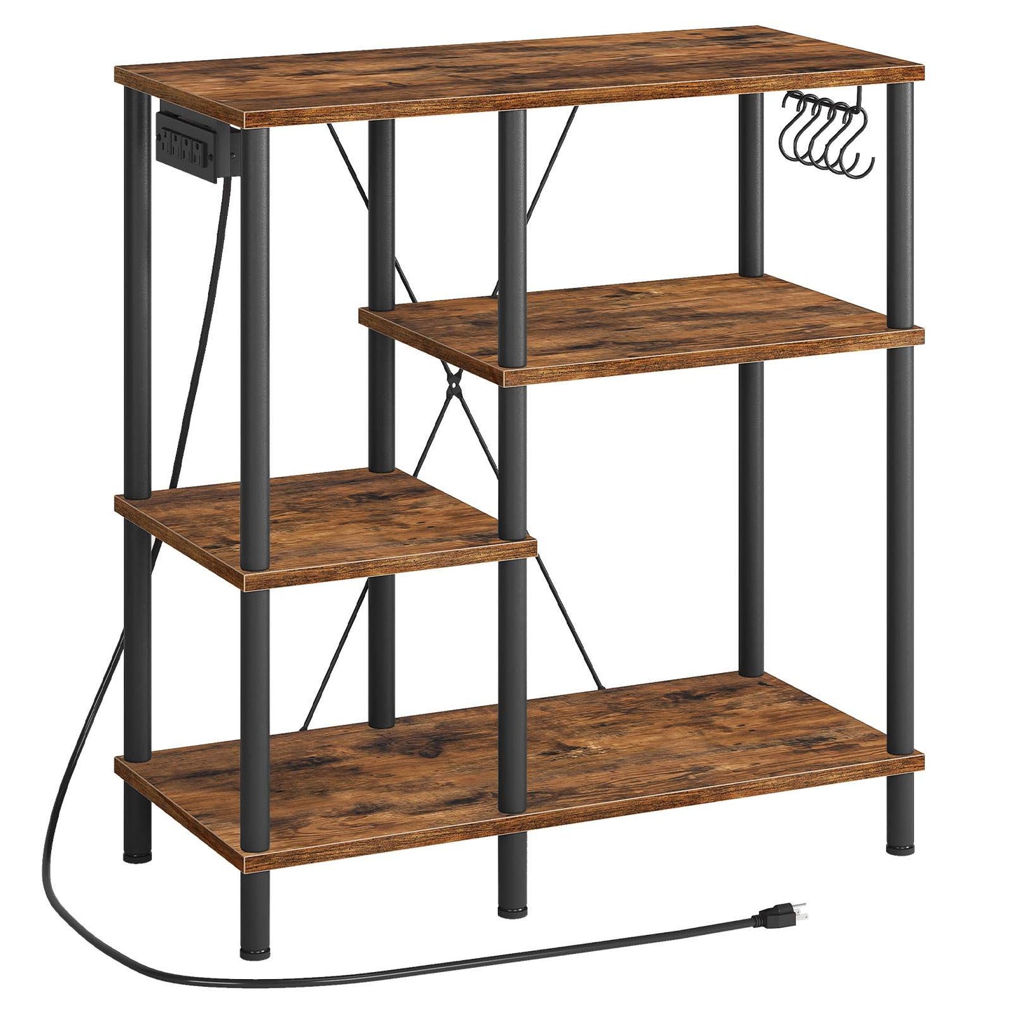 bakers rack with power outlet, Power Outlets, Microwave Stand - rustic brown & black - HWLEXTRA 