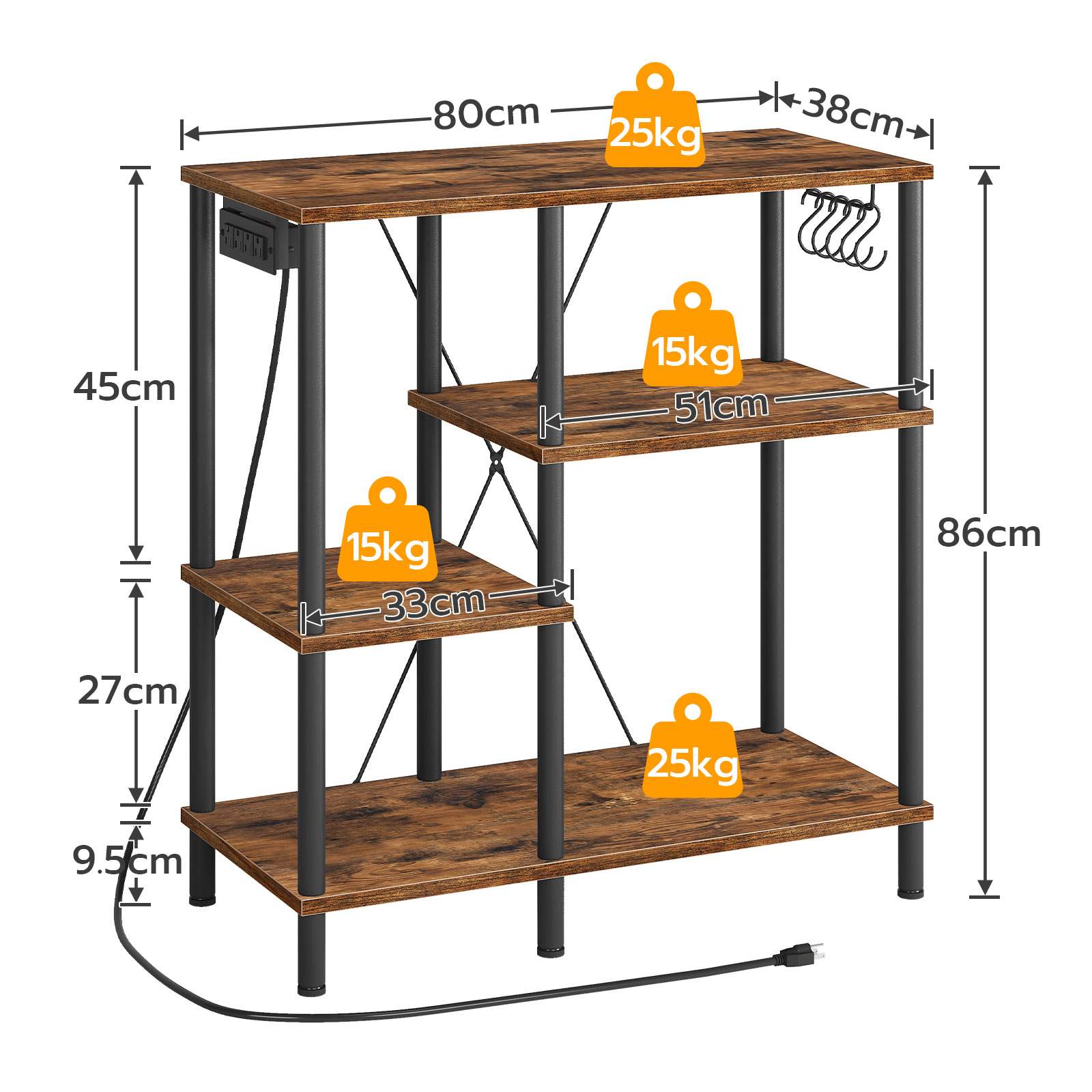 bakers rack with power outlet, Power Outlets, Microwave Stand - rustic brown & black - HWLEXTRA 