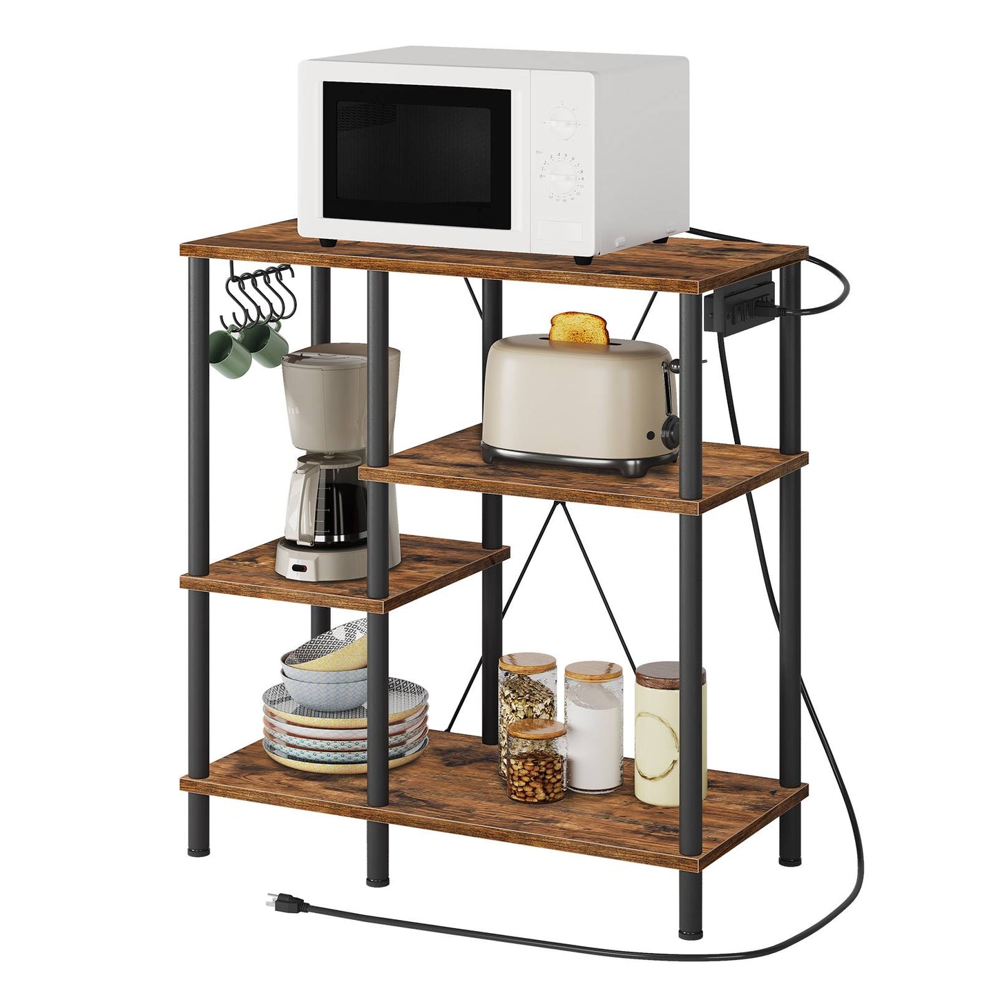 bakers rack with power outlet, Power Outlets, Microwave Stand - rustic brown & black - HWLEXTRA 