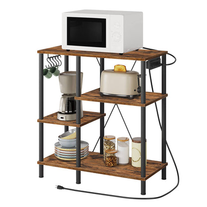 bakers rack with power outlet, Power Outlets, Microwave Stand - rustic brown & black - HWLEXTRA 