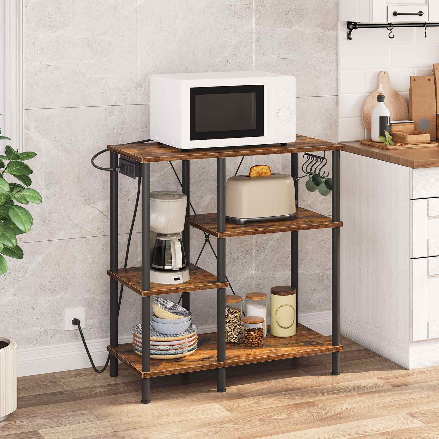 bakers rack with power outlet, Power Outlets, Microwave Stand - rustic brown & black - HWLEXTRA 