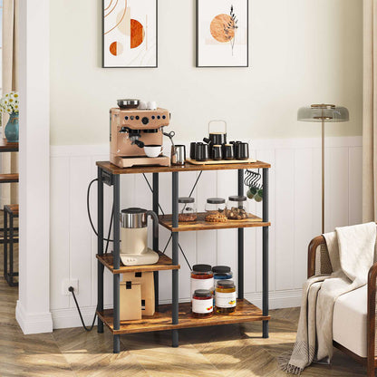 bakers rack with power outlet, Power Outlets, Microwave Stand - rustic brown & black - HWLEXTRA 