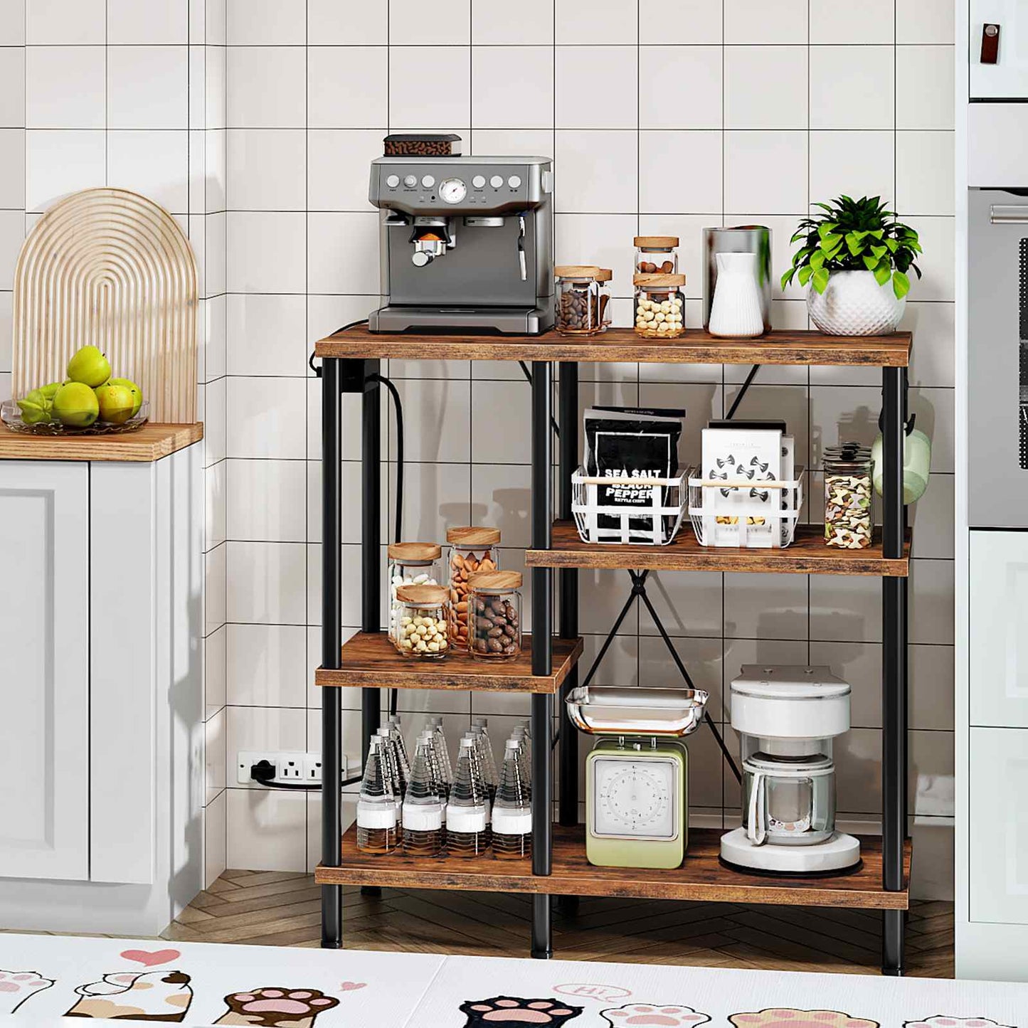bakers rack with power outlet, Power Outlets, Microwave Stand - rustic brown & black - HWLEXTRA 