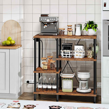 bakers rack with power outlet, Power Outlets, Microwave Stand - rustic brown & black - HWLEXTRA 