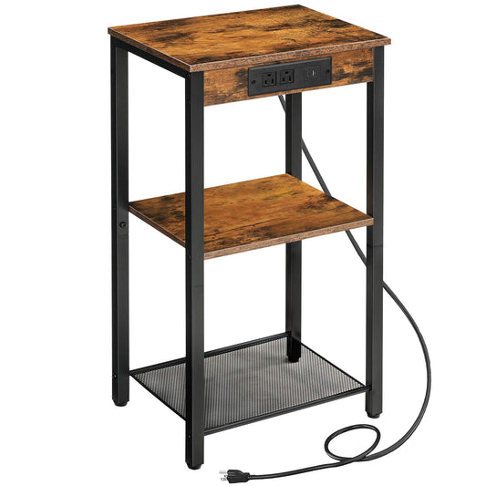Tall End Table with Charging Station and USB Ports - Rustic Brown