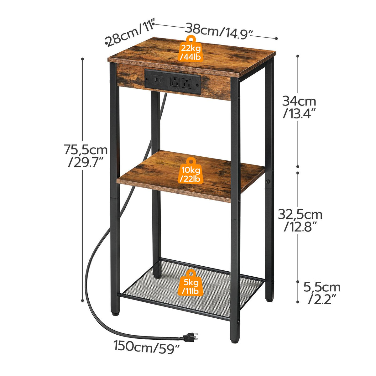 Tall End Table with Charging Station and USB Ports - Rustic Brown