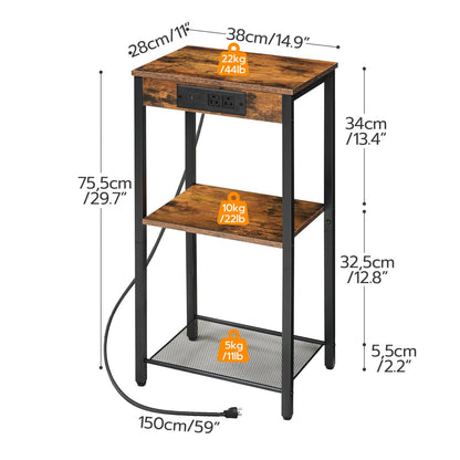 Tall End Table with Charging Station and USB Ports - Rustic Brown