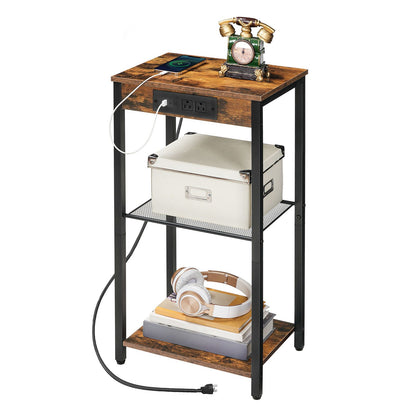 Tall End Table with Charging Station and USB Ports - Rustic Brown