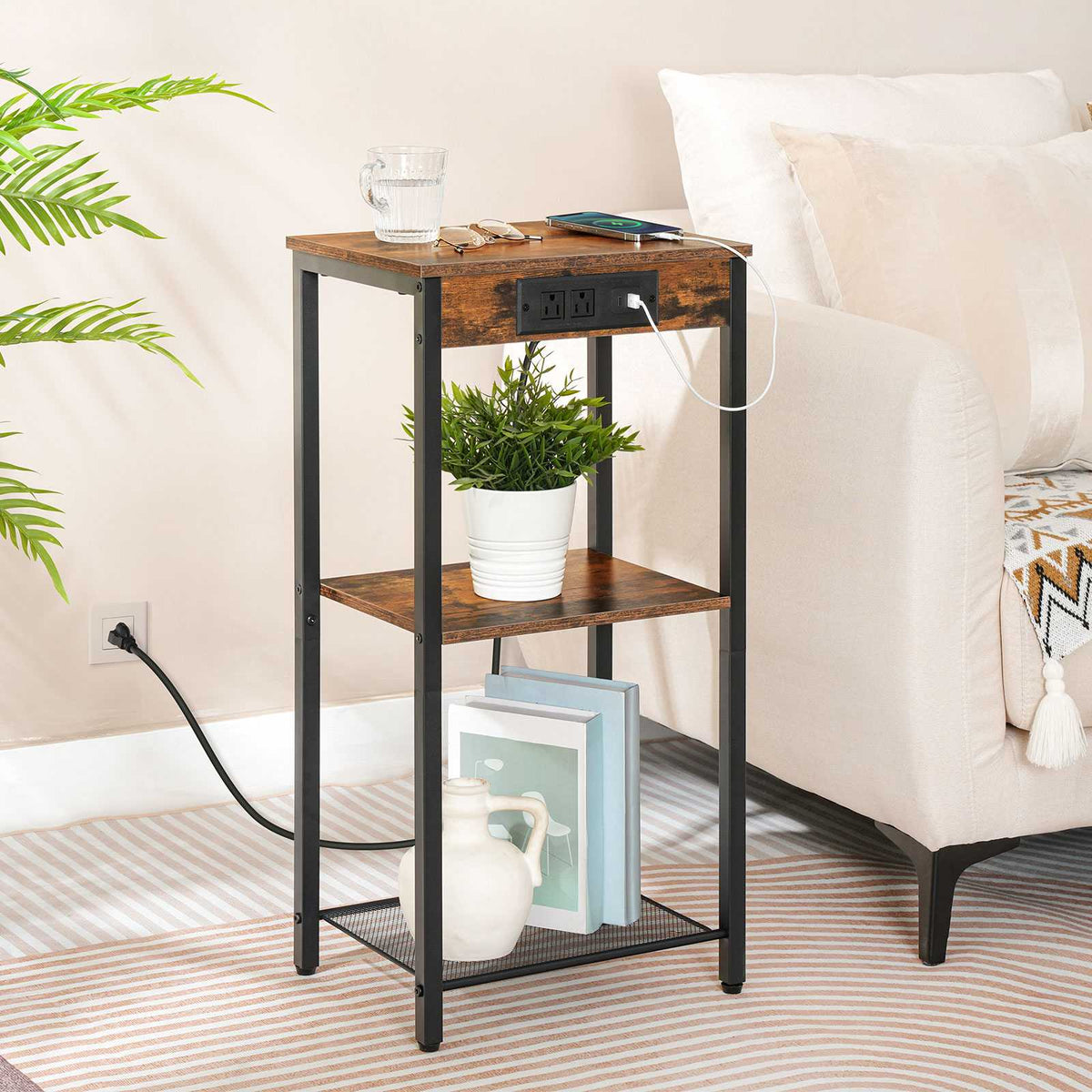 Tall End Table with Charging Station and USB Ports - Rustic Brown