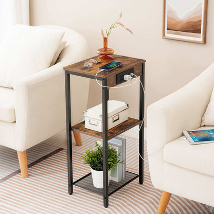 Tall End Table with Charging Station and USB Ports - Rustic Brown