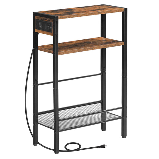 Small Narrow Side Table with Charging Station with Storage - Rustic Brown & Black