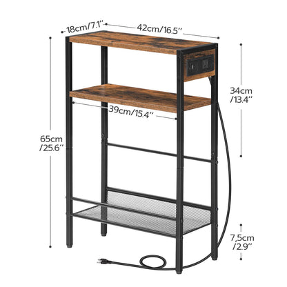Small Narrow Side Table with Charging Station with Storage - Rustic Brown & Black