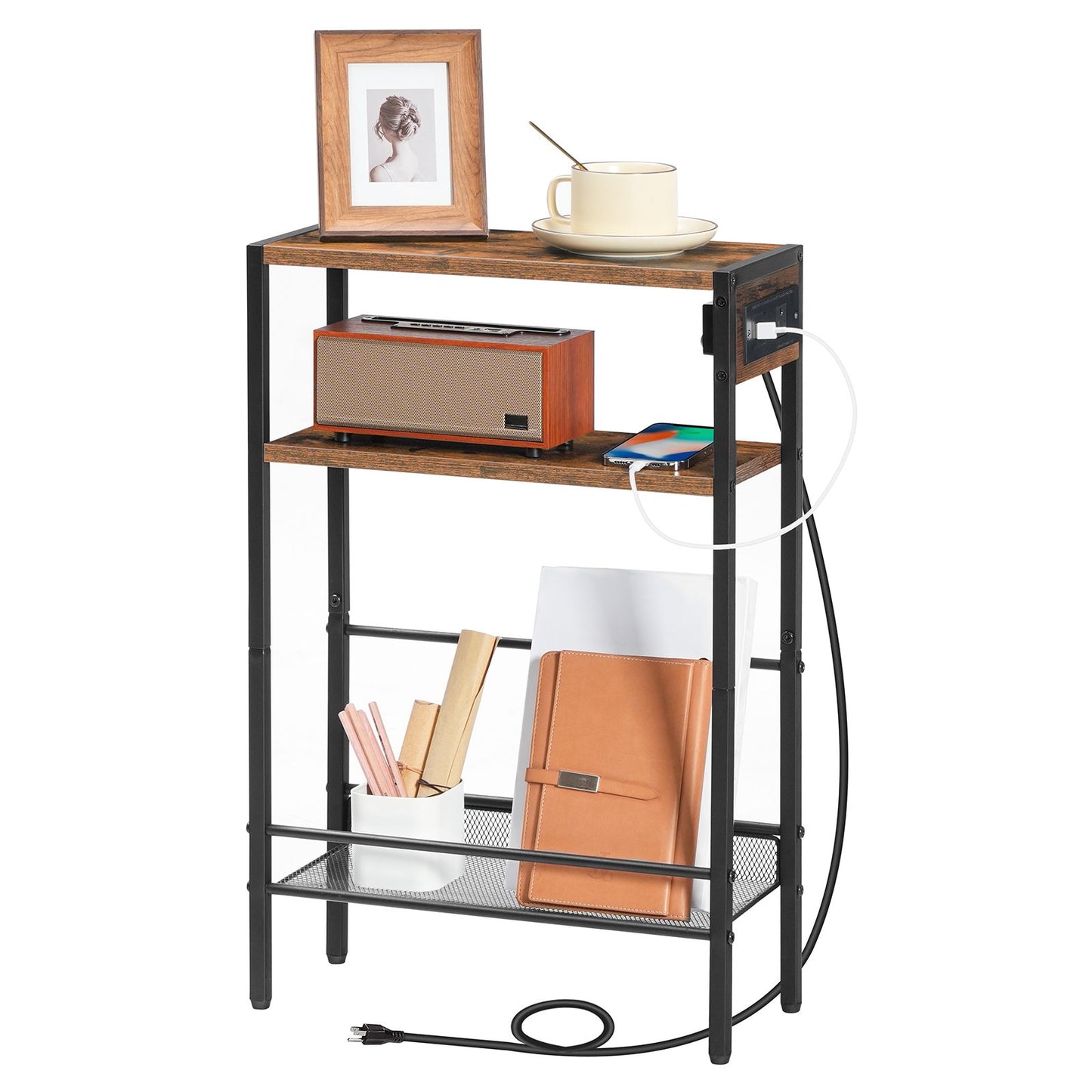 Small Narrow Side Table with Charging Station with Storage - Rustic Brown & Black
