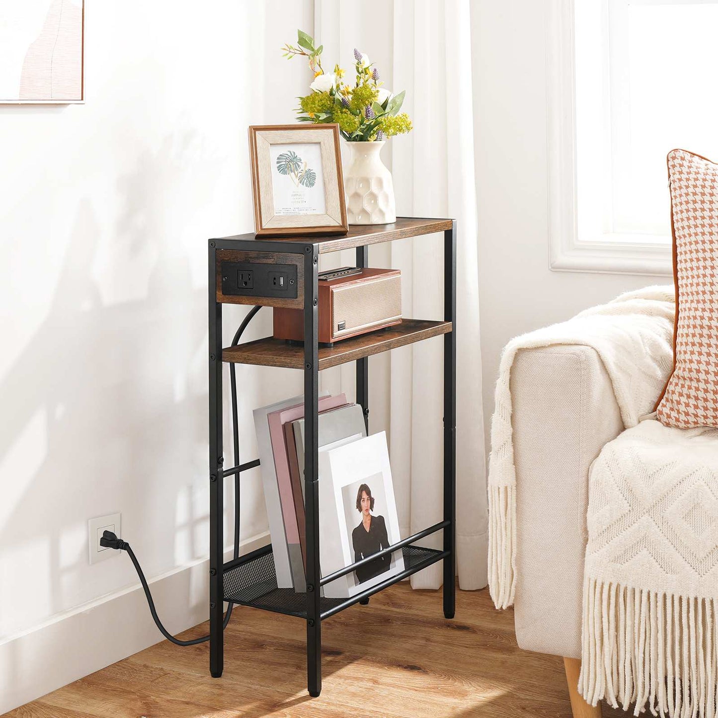 Small Narrow Side Table with Charging Station with Storage - Rustic Brown & Black