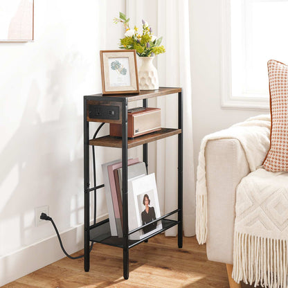 Small Narrow Side Table with Charging Station with Storage - Rustic Brown & Black