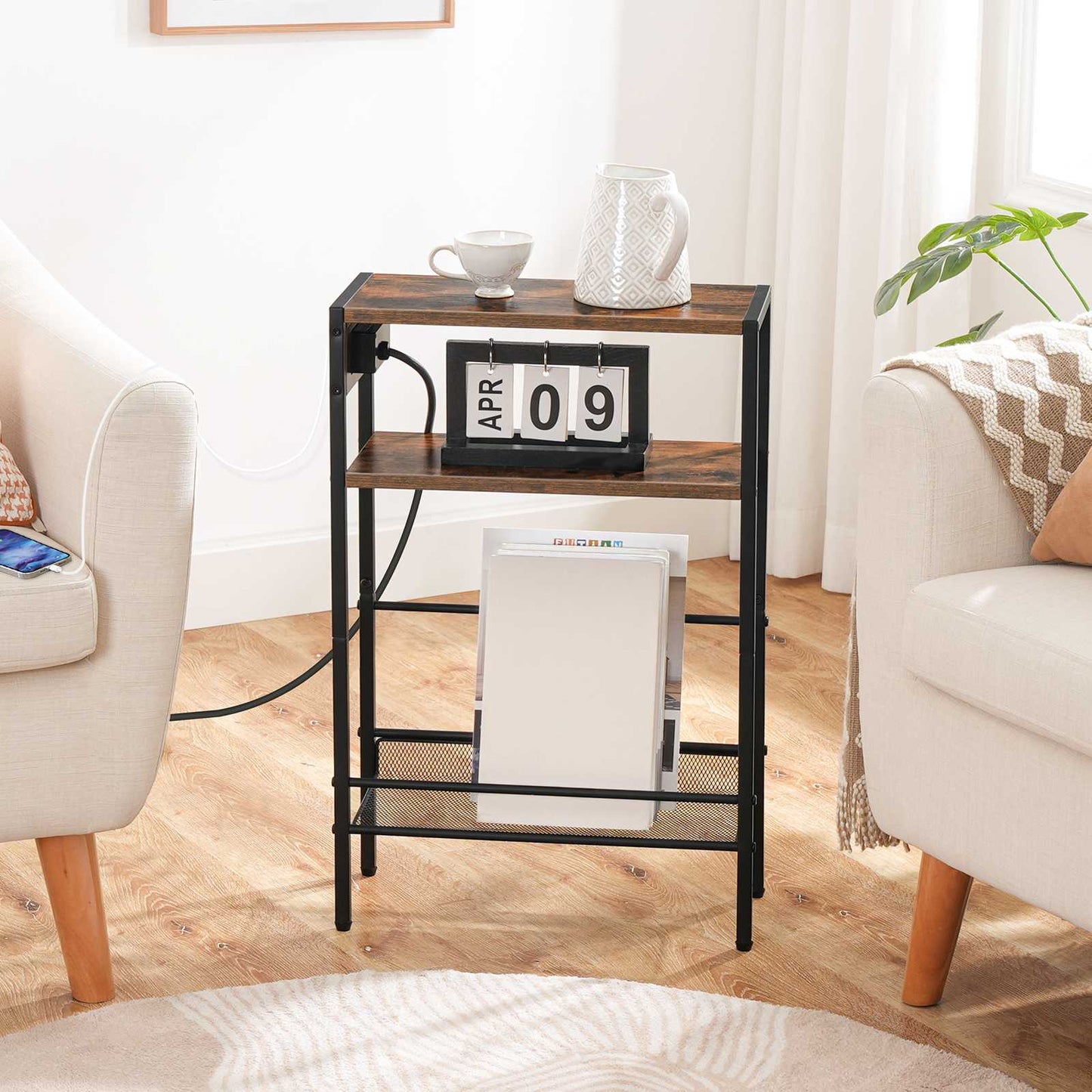 Small Narrow Side Table with Charging Station with Storage - Rustic Brown & Black