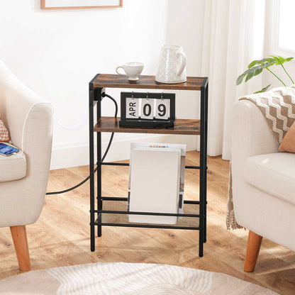 Small Narrow Side Table with Charging Station with Storage - Rustic Brown & Black