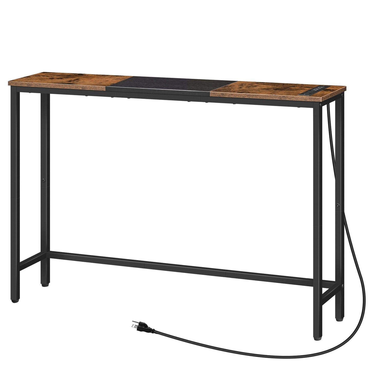Narrow Console Table with Power Outlets - Rustic Brown & Black
