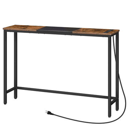 Narrow Console Table with Power Outlets - Rustic Brown & Black