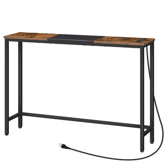 Narrow Console Table with Power Outlets - Rustic Brown & Black
