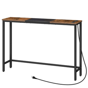 Narrow Console Table with Power Outlets - Rustic Brown & Black
