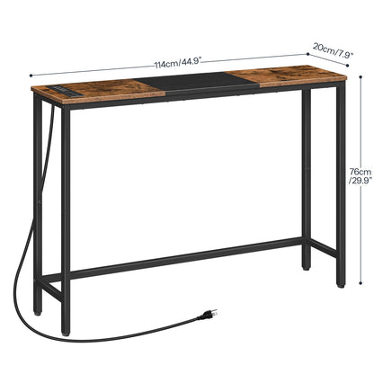 Narrow Console Table with Power Outlets - Rustic Brown & Black