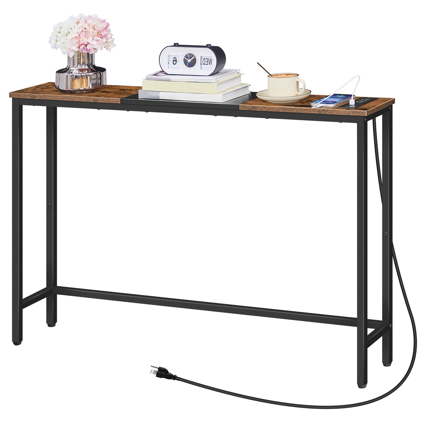 Narrow Console Table with Power Outlets - Rustic Brown & Black