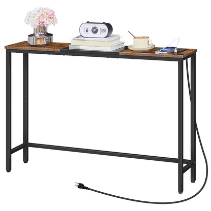 Narrow Console Table with Power Outlets - Rustic Brown & Black