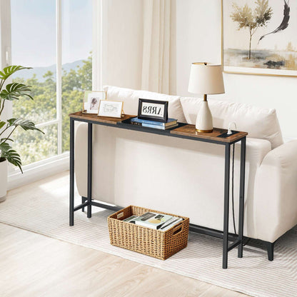Narrow Console Table with Power Outlets - Rustic Brown & Black