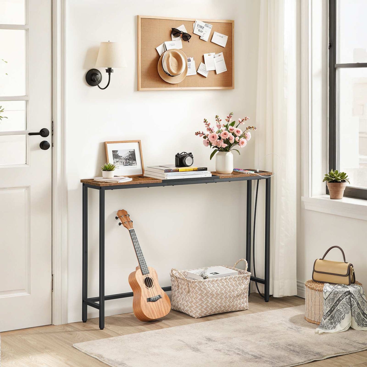 Narrow Console Table with Power Outlets - Rustic Brown & Black