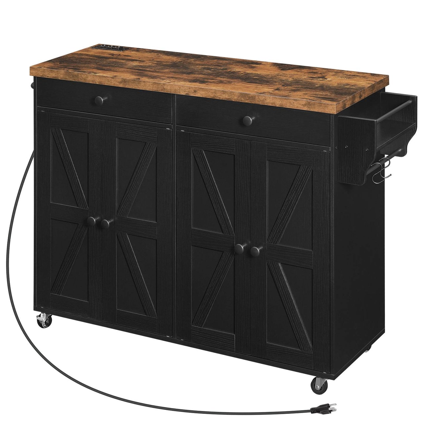 Kitchen Island with Power Outlet with Storage - Rustic Brown & Black